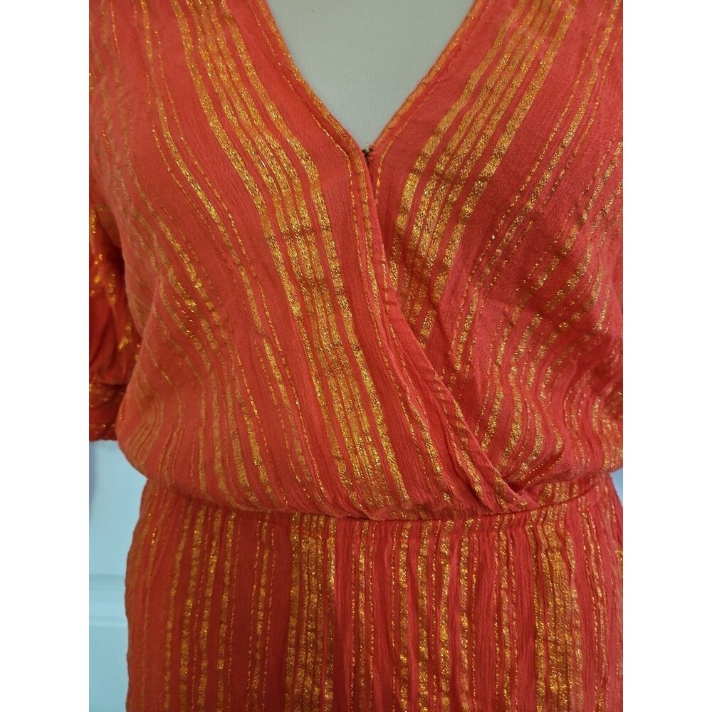 Michael Kors Women's Orange Gold Metallic Stripe V-Neck Faux Wrap Dress Size XL - Picture 4 of 11